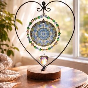 Swarovski Crystal Heart Sun Catcher • Mandala Art Glass • Faceted Prism Display